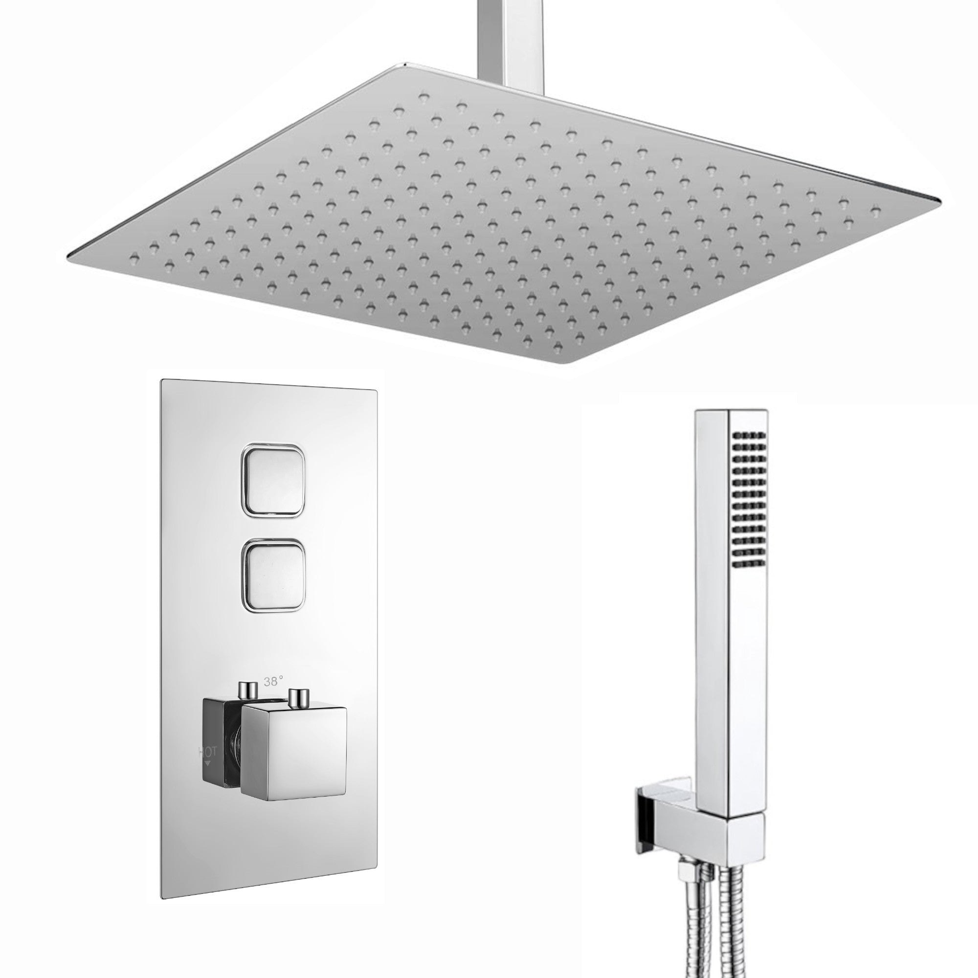 Spello Square Thermostatic Concealed Shower Set with Ceiling Mounted Shower & Handset Kit - Chrome
