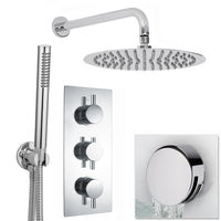 Naples Contemporary Round Concealed Thermostatic Shower Set Incl. Triple Diverter Valve, Wall Fixed 8" Shower Head, Handshower Kit, Bath Filler Waste with Overflow - Chrome (3 Outlet)
