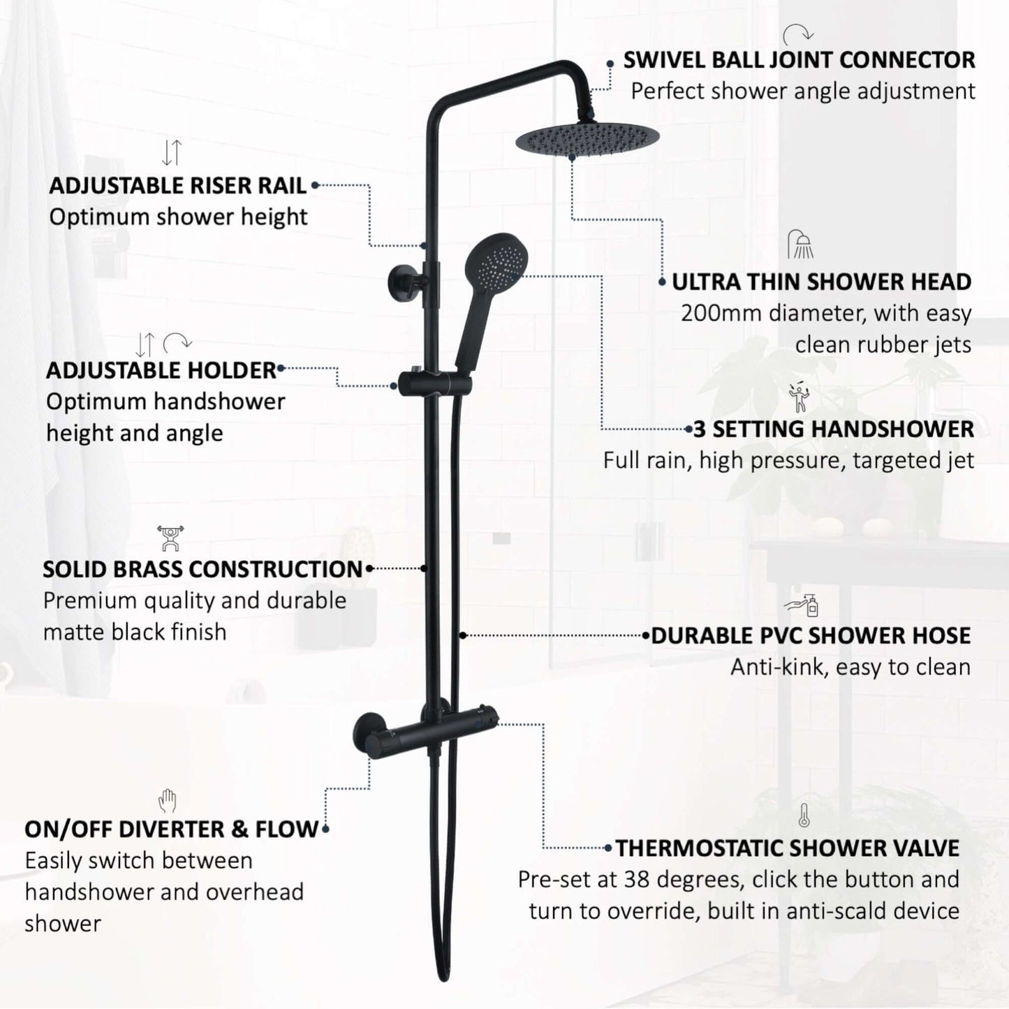 Buy Dune round thermostatic shower set 200mm head & handheld - matt black Online UK | HOUSE OF ENKI