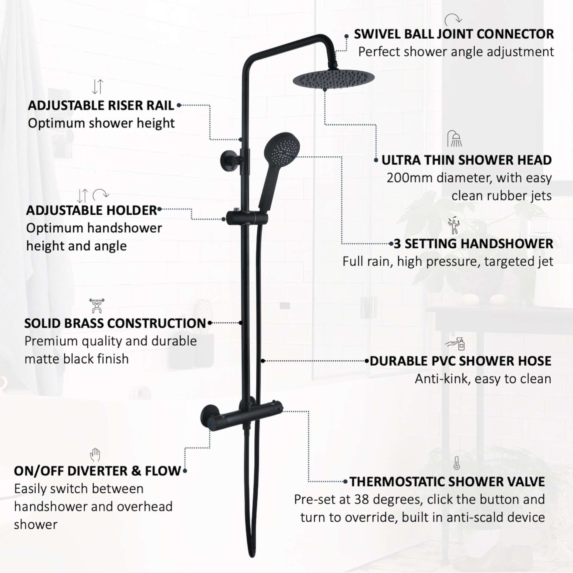 Buy Dune round thermostatic shower set 200mm head & handheld - matt black Online UK | HOUSE OF ENKI
