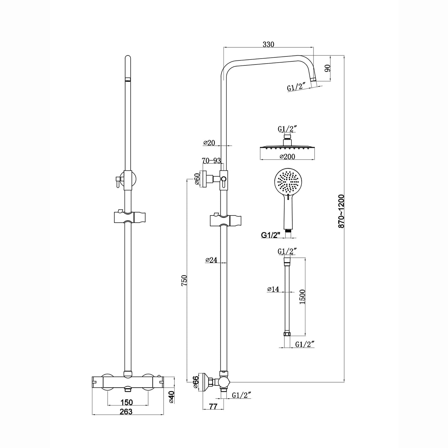 Dune round thermostatic shower set 200mm head & handheld - matt black