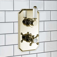 Buy Regent Traditional Crosshead And White Lever Concealed Thermostatic Shower Set Incl. Twin Valve, Wall Fixed 8" Shower Head, Handshower Kit - Gold (2 Outlet) Online UK | HOUSE OF ENKI