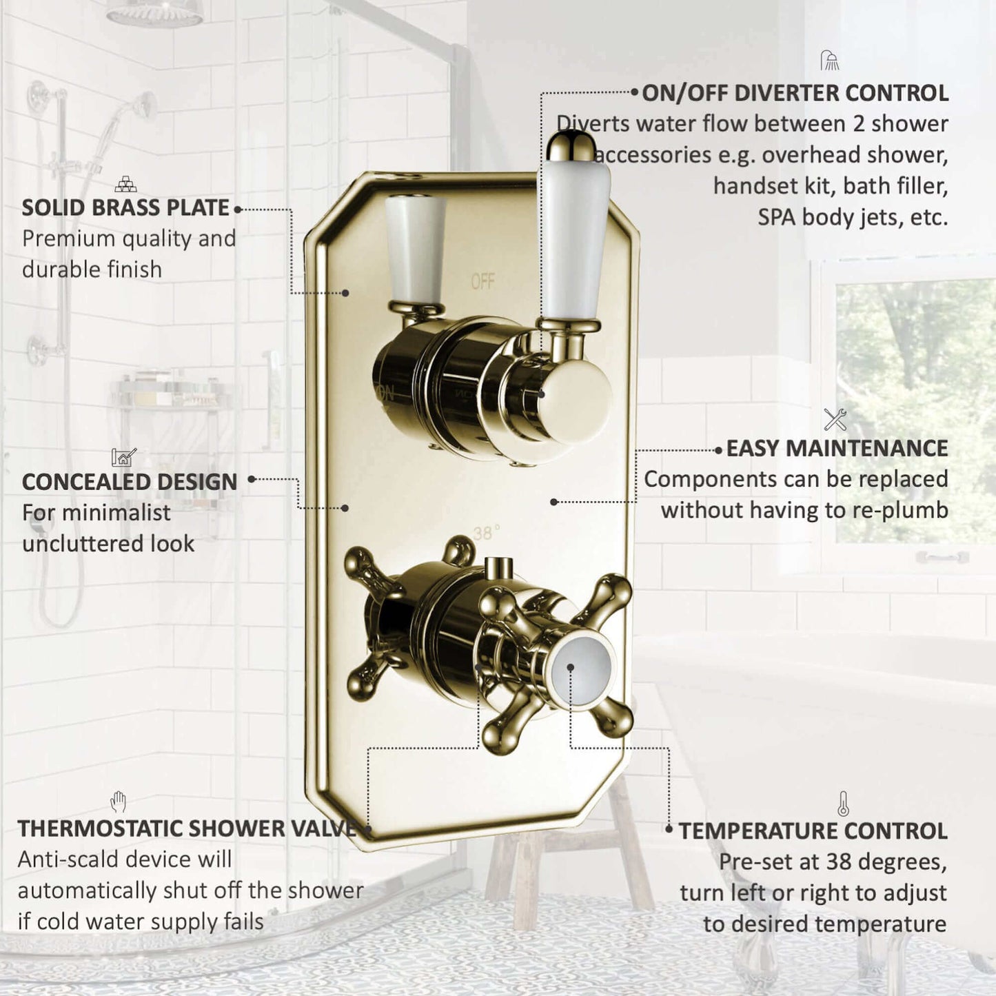 Buy Regent Traditional Crosshead And White Lever Concealed Thermostatic Shower Set Incl. Twin Valve, Wall Fixed 8" Shower Head, Handshower Kit - Gold (2 Outlet) Online UK | HOUSE OF ENKI