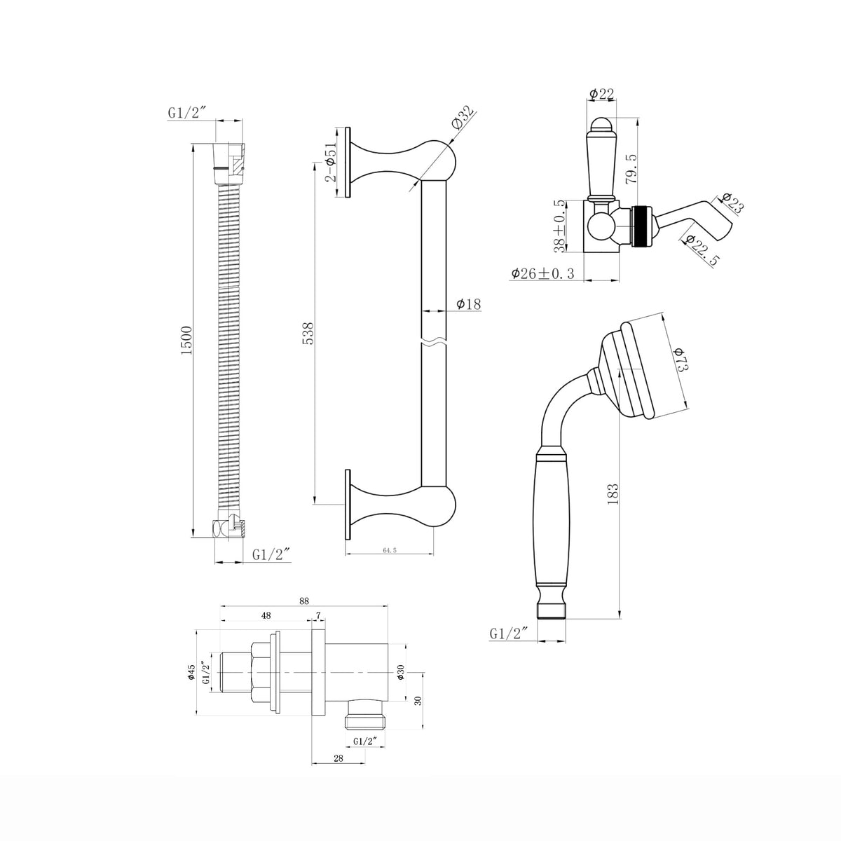 Regent traditional crosshead and white lever concealed thermostatic shower set incl. triple valve, wall fixed 8" shower head, slider rail kit - gold (2 outlet)