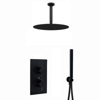 Naples Contemporary Round Concealed Thermostatic Shower Set Incl. Twin Valve, Ceiling Fixed 8" Shower Head, Handshower Kit - Matt Black (2 Outlet)
