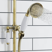 Regent Traditional Crosshead And White Lever Concealed Thermostatic Shower Set Incl. Triple Diverter Valve, Wall Fixed 8" Shower Head, Slider Rail Kit, Bath Filler Waste with Overflow - Antique Brass (3 Outlet)