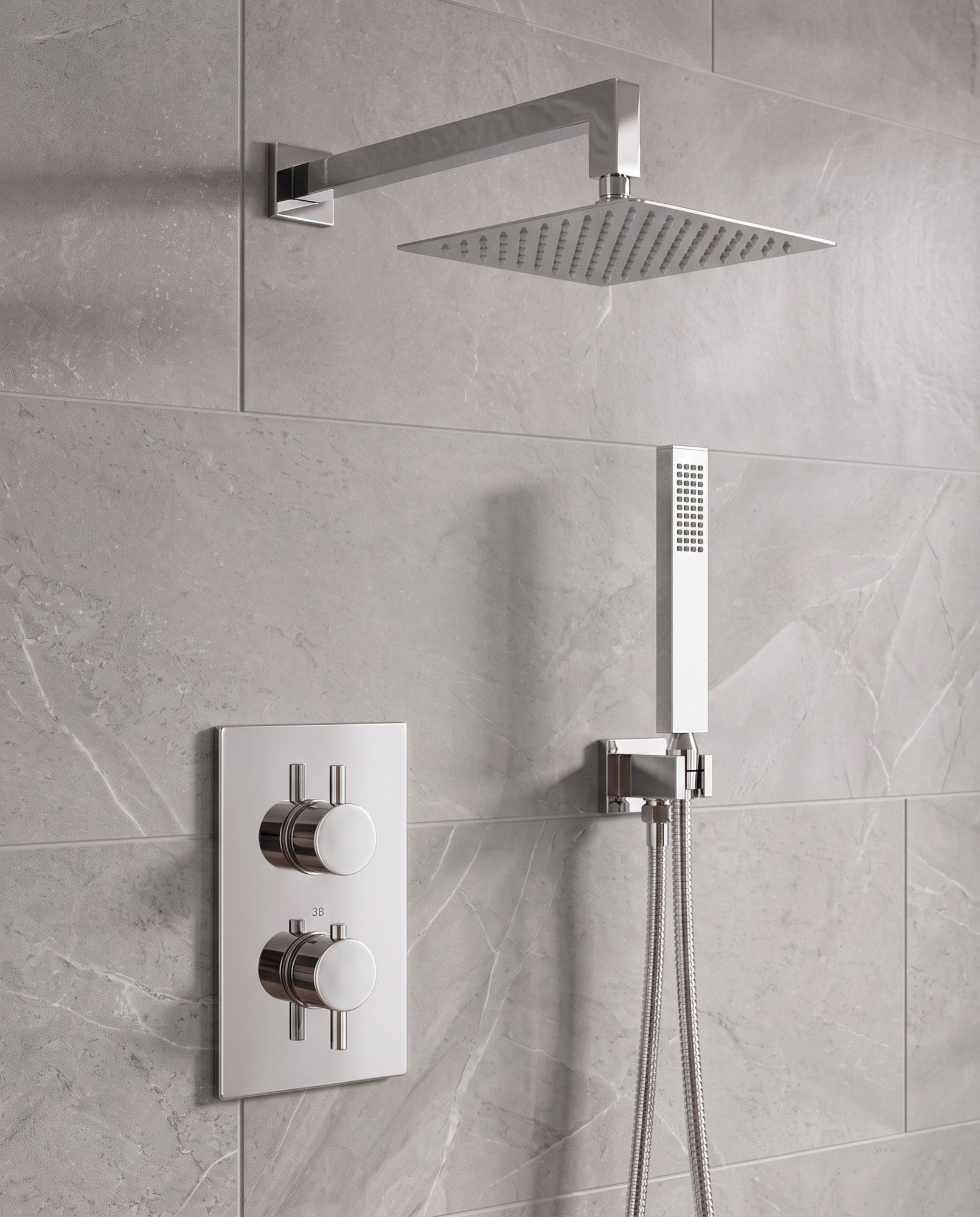 Naples Square Concealed Thermostatic Shower Set Incl. Twin Valve, Wall Fixed 8" Shower Head, Handset Kit - Chrome (2 Outlet)