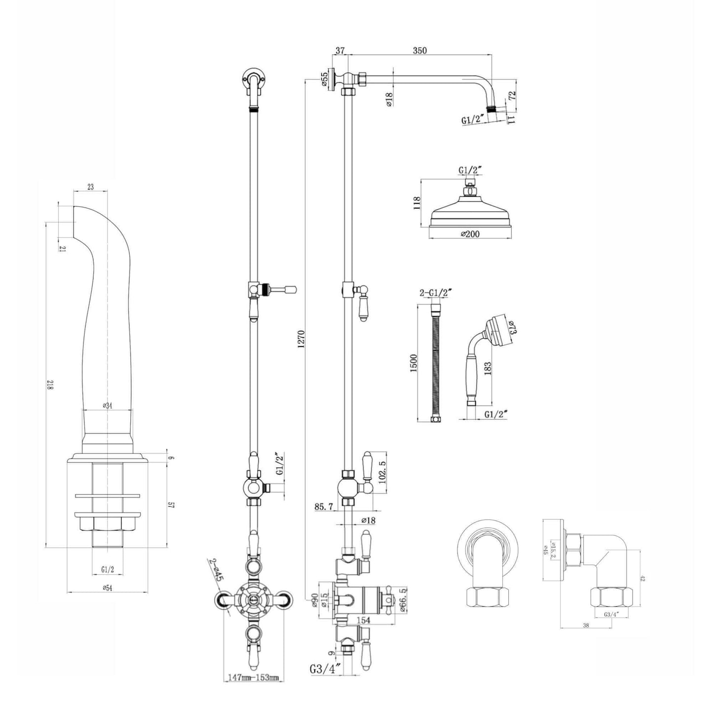 Buy Downton Exposed Traditional Thermostatic Shower Set 3 Outlet, Incl. Triple Shower Valve, Rigid Riser Rail, 200mm Shower Head, Handset & Bath Filler - Chrome Online UK | HOUSE OF ENKI