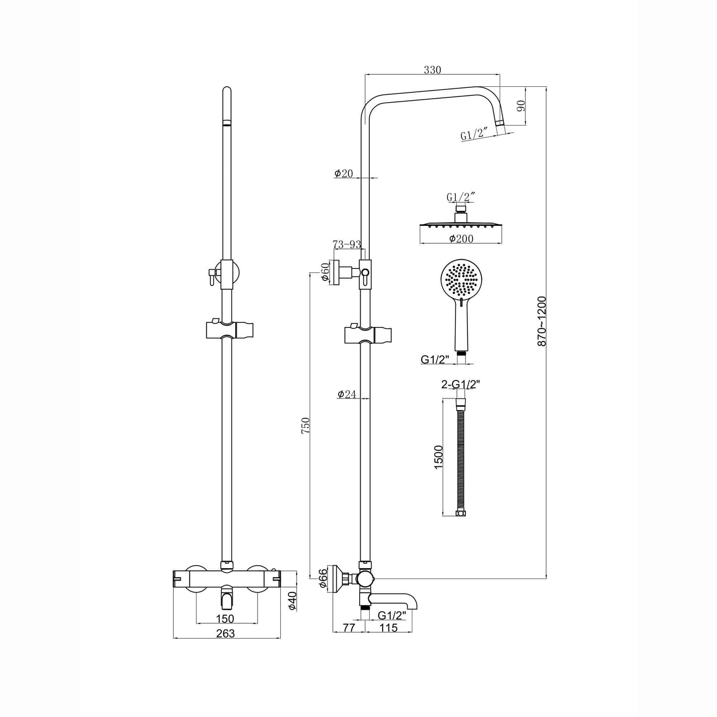 Buy Dune thermostatic shower set 3 outlet, incl. bar shower valve, 200mm overhead shower, handset & bath filler - matt black Online UK | HOUSE OF ENKI