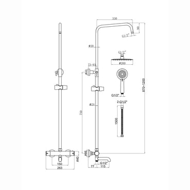 Buy Dune thermostatic shower set 3 outlet, incl. bar shower valve, 200mm overhead shower, handset & bath filler - matt black Online UK | HOUSE OF ENKI