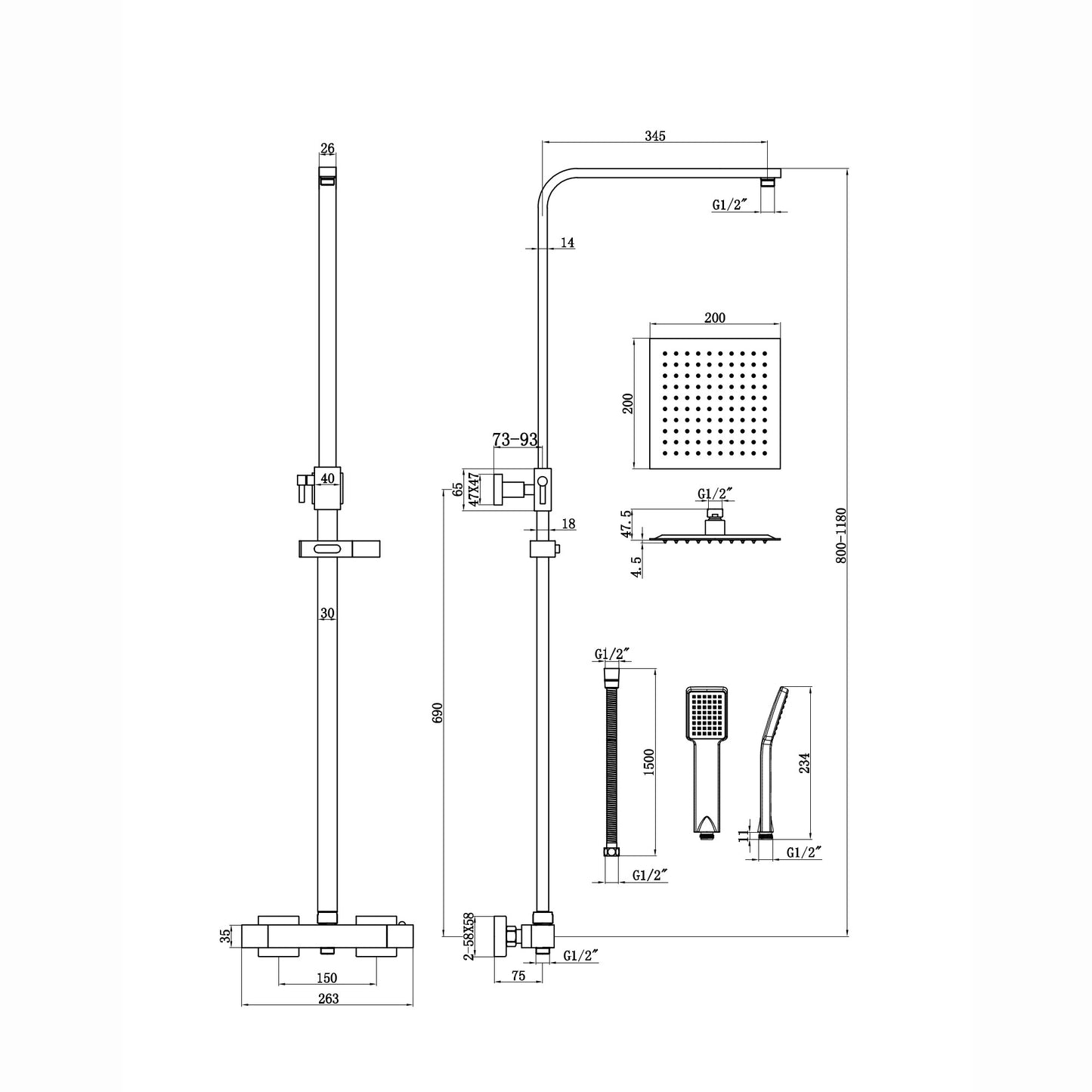 Enzo square thermostatic shower set two outlet with ultra slim 200mm shower head and handheld - gunmetal grey