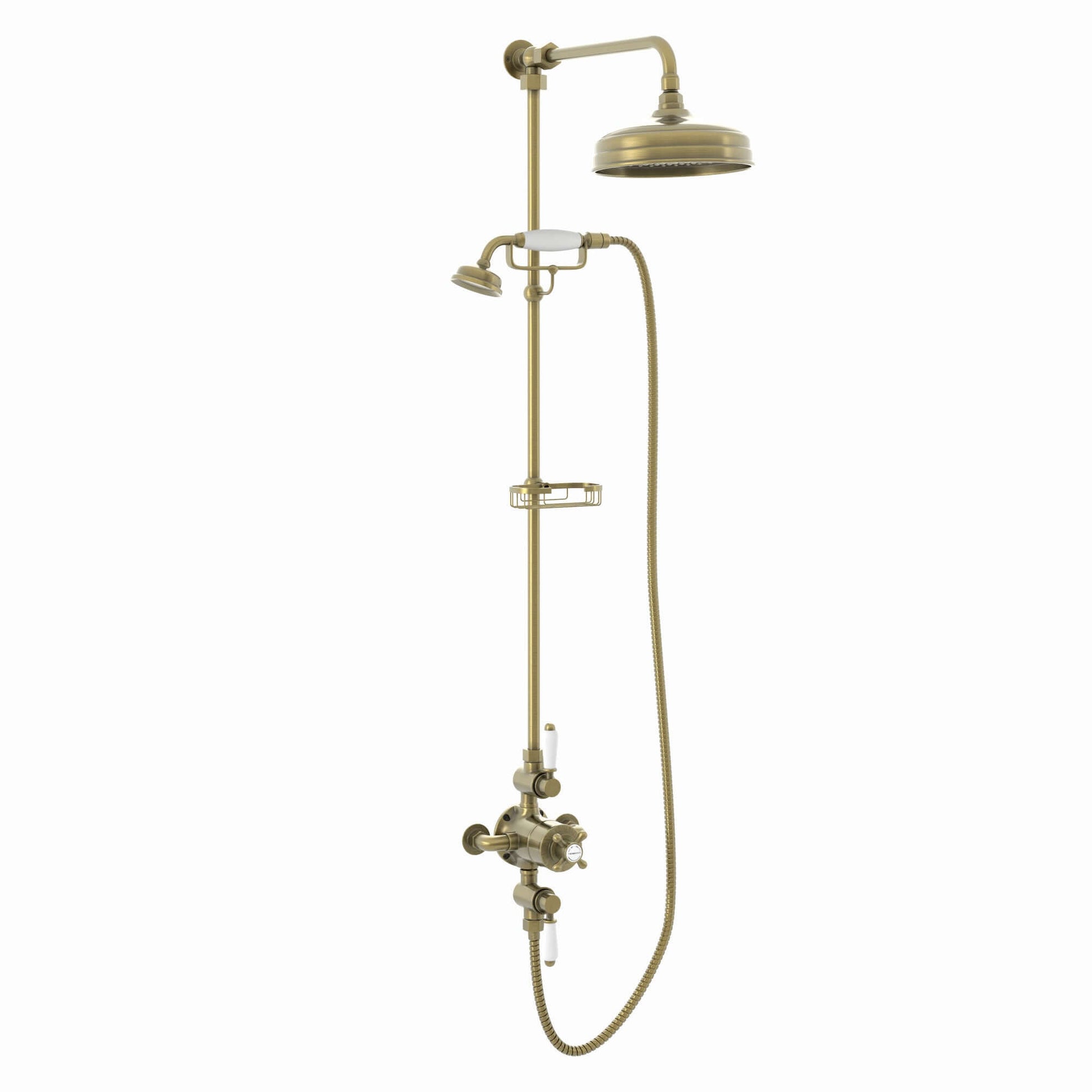 Buy Downton Exposed Traditional Thermostatic Shower Set 2 Outlet, Incl. Triple Shower Valve, Rigid Riser Rail, 200mm Shower Head, Telephone Style Ceramic Handset & Caddy - Antique Brass Online UK | HOUSE OF ENKI