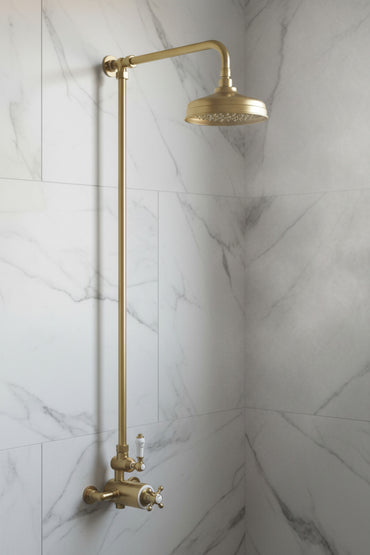 Windsor traditional thermostatic shower set single outlet incl. angled riser rail, rain shower head 200mm - brushed brass