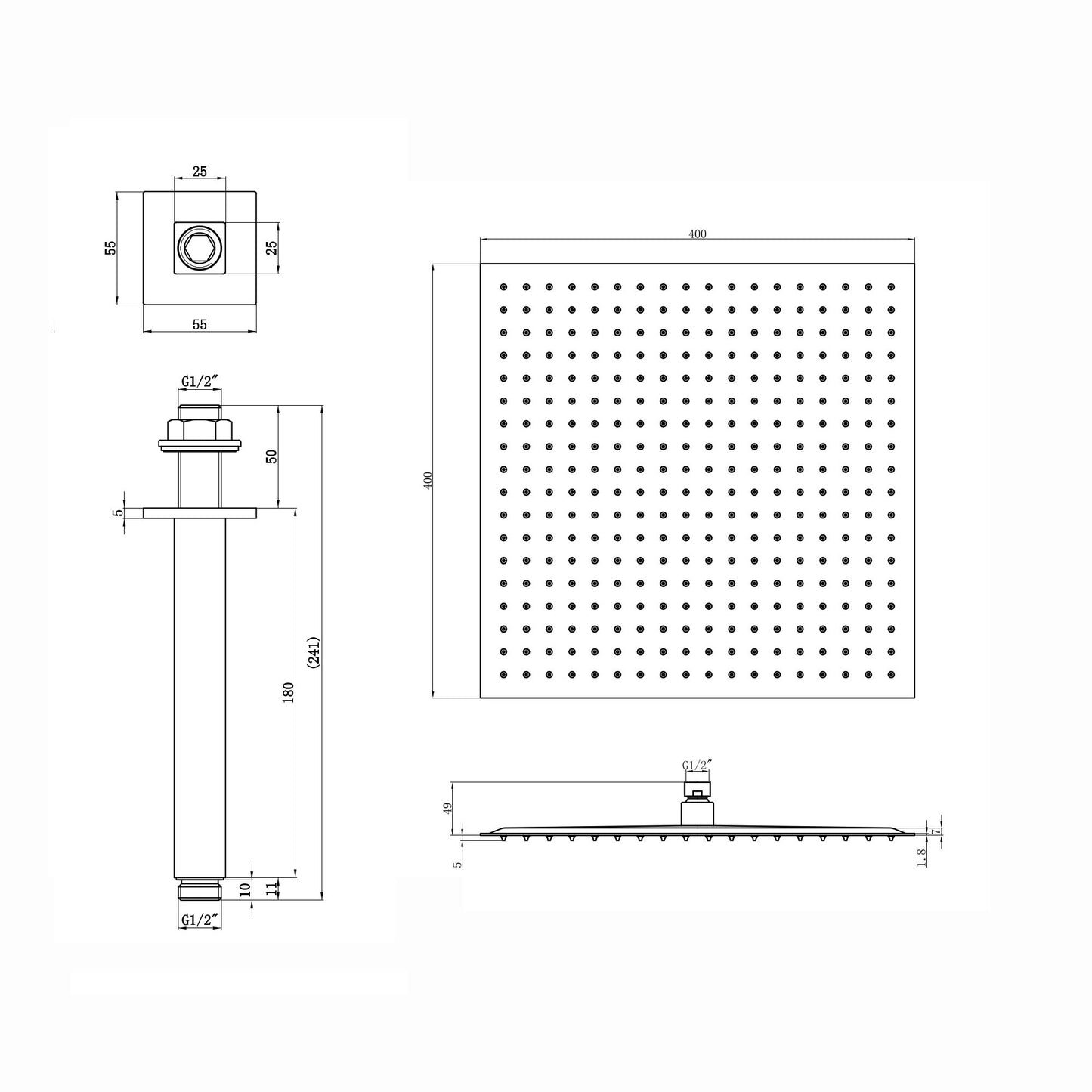 Spello Square Thermostatic Concealed Shower Set with Ceiling Mounted Shower - Gunmetal Grey