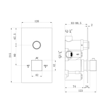 Spello square push button concealed thermostatic shower valve with 1 outlet - gunmetal grey