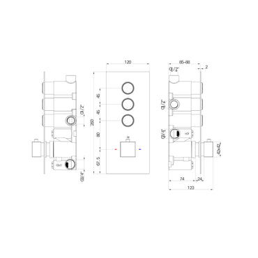 Spello square push button concealed thermostatic triple shower valve with 3 outlets - gunmetal grey