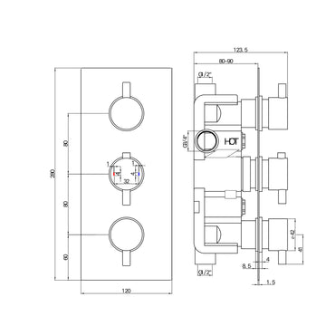 Naples contemporary round concealed thermostatic triple shower valve with 2 outlets - gunmetal grey
