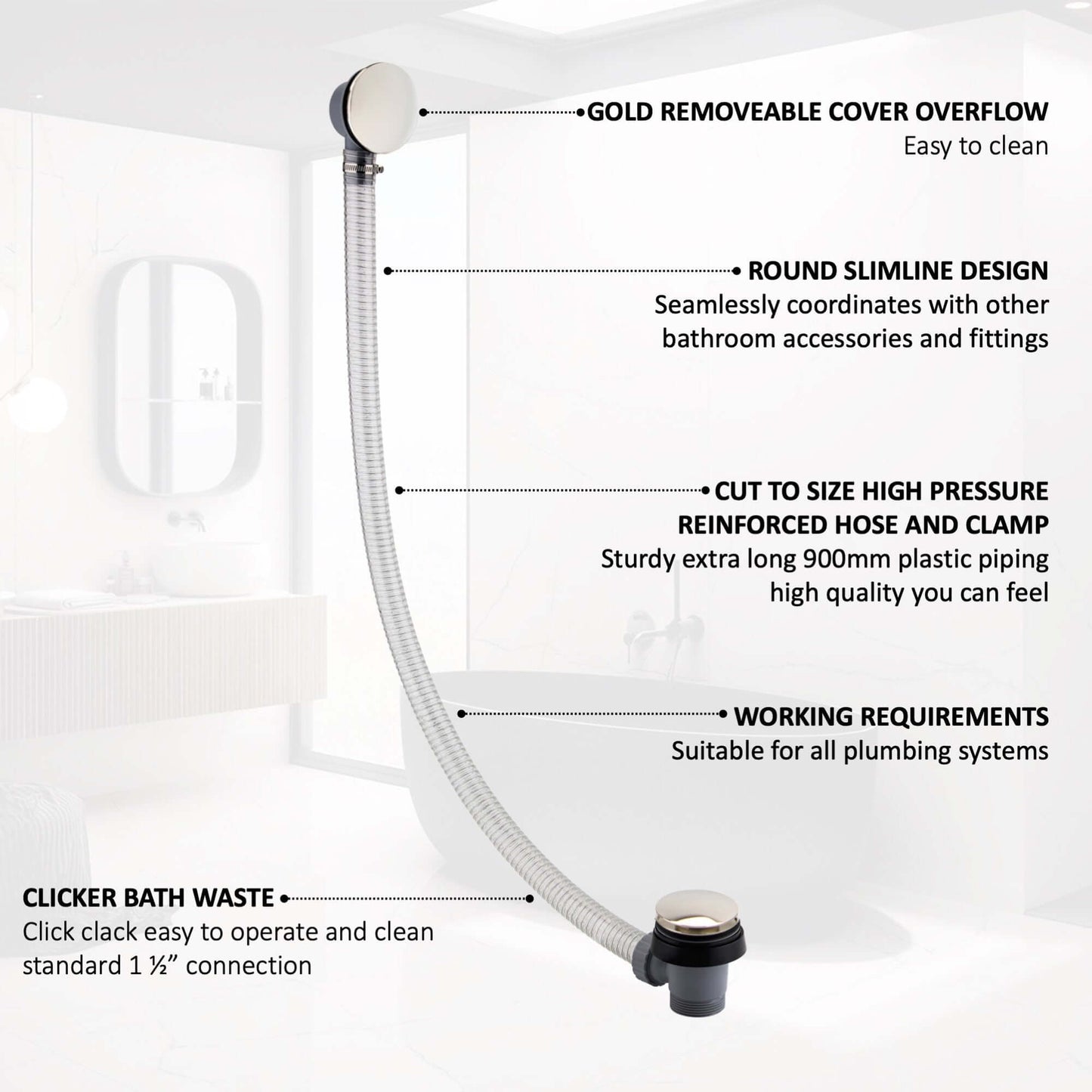Buy Easy clean cut to size pipe bath sprung waste & overflow (bath thickness 5-15mm) - gold Online UK | HOUSE OF ENKI