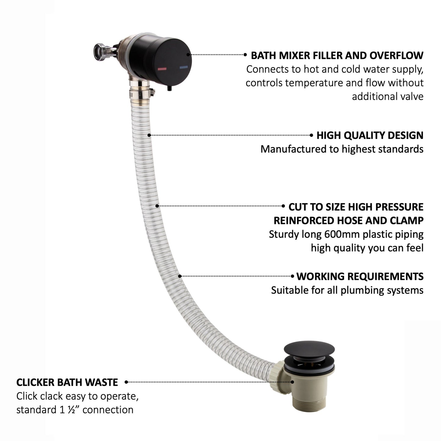 Round temperature control bath mixer filler with overflow and clicker waste - matt black