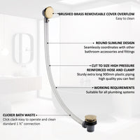 Easy clean cut to size pipe bath sprung waste & overflow (bath thickness 5-15mm) - brushed brass