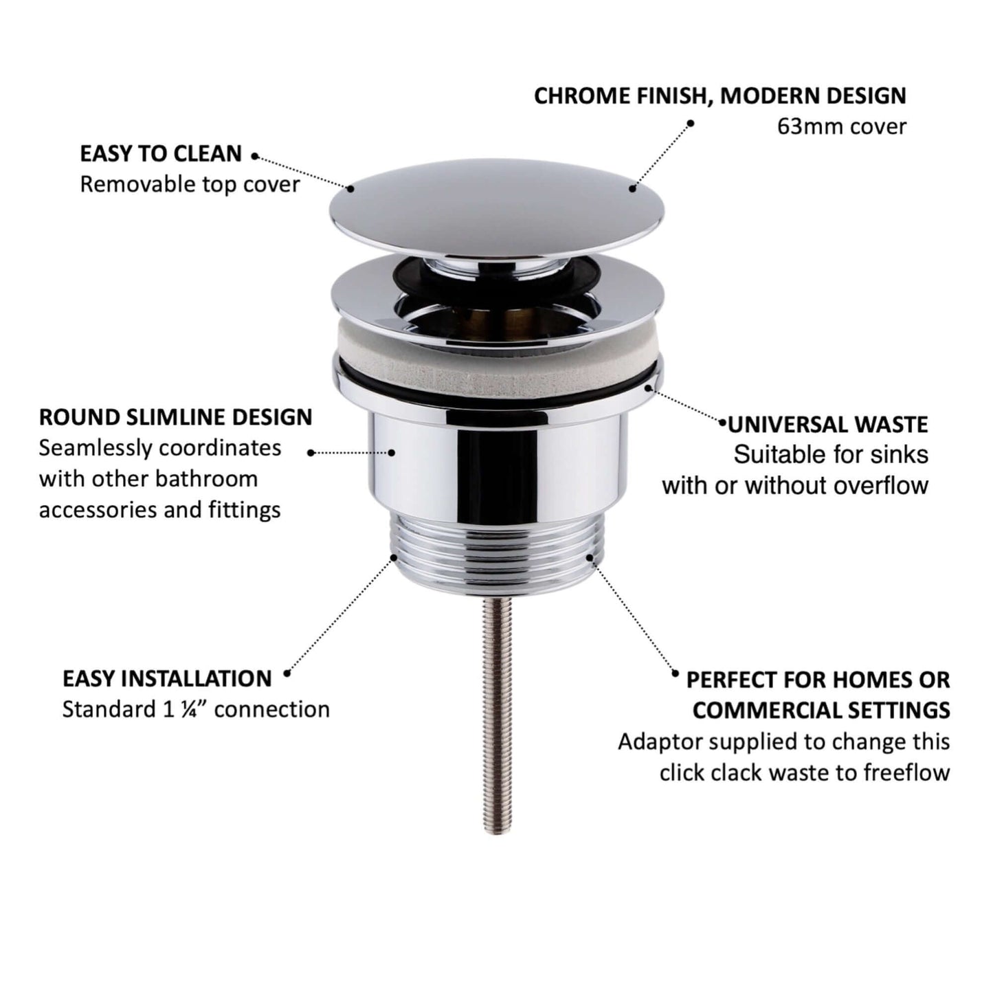 Buy Universal click clack or freeflow basin waste for sinks with or without overflow - chrome Online UK | HOUSE OF ENKI