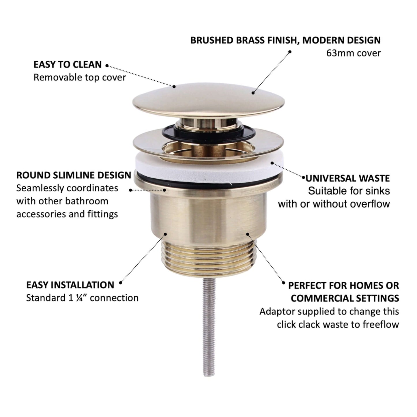 Buy Universal click clack or freeflow basin waste for sinks with or without overflow - brushed brass Online UK | HOUSE OF ENKI