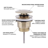 Buy Universal click clack or freeflow basin waste for sinks with or without overflow - brushed brass Online UK | HOUSE OF ENKI