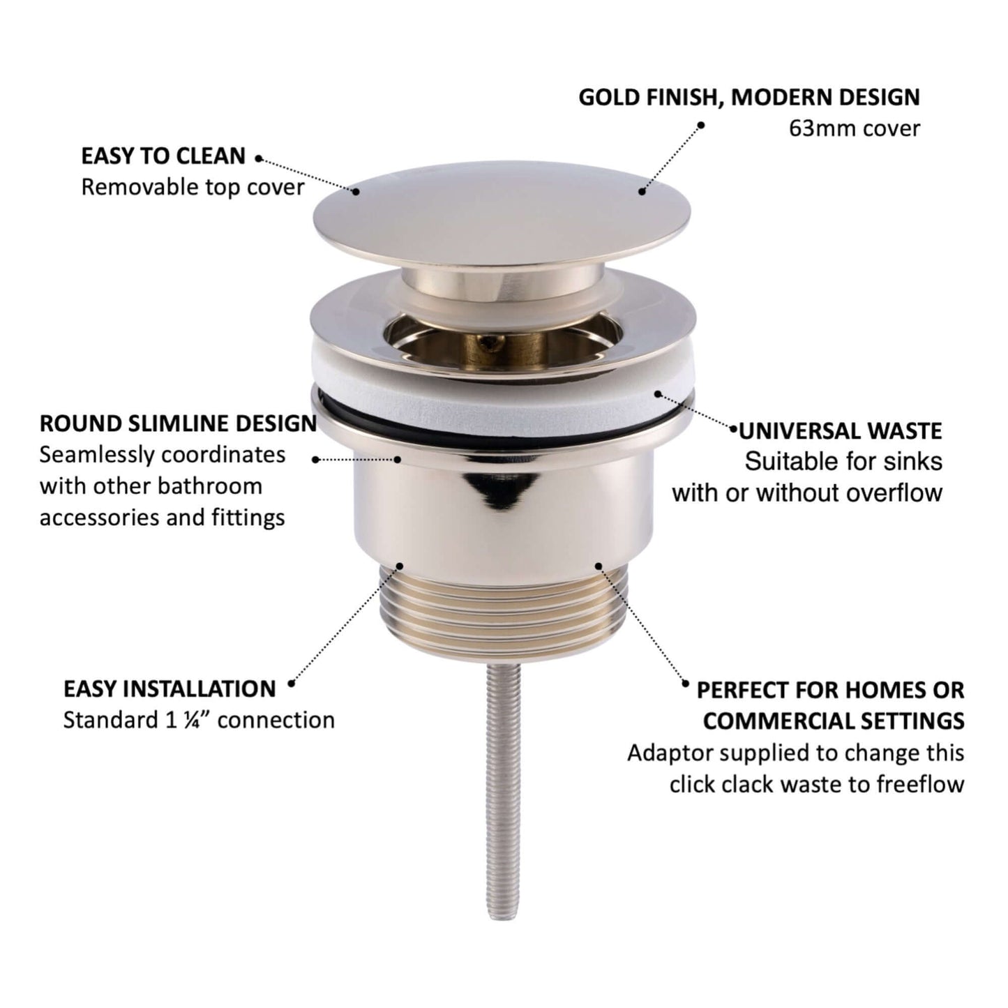 Buy Universal click clack or freeflow basin waste for sinks with or without overflow - gold Online UK | HOUSE OF ENKI