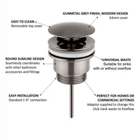 Buy Universal click clack or freeflow basin waste for sinks with or without overflow - gunmetal grey Online UK | HOUSE OF ENKI