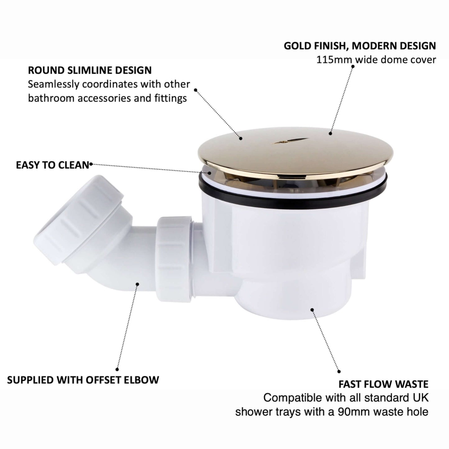 Buy Shower tray high flow waste 90mm - gold Online UK | HOUSE OF ENKI