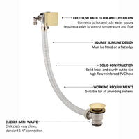 Square freeflow bath filler with overflow and clicker waste - brushed brass