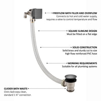 Square freeflow bath filler with overflow and clicker waste - gunmetal grey