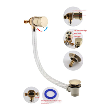 Buy Round temperature control bath mixer filler with overflow and clicker waste - brushed brass Online UK | HOUSE OF ENKI