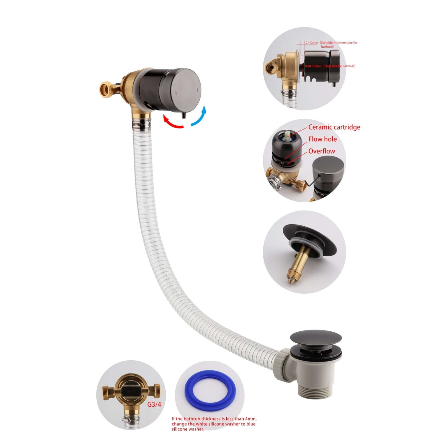 Buy Round temperature control bath mixer filler with overflow and clicker waste - gunmetal grey Online UK | HOUSE OF ENKI