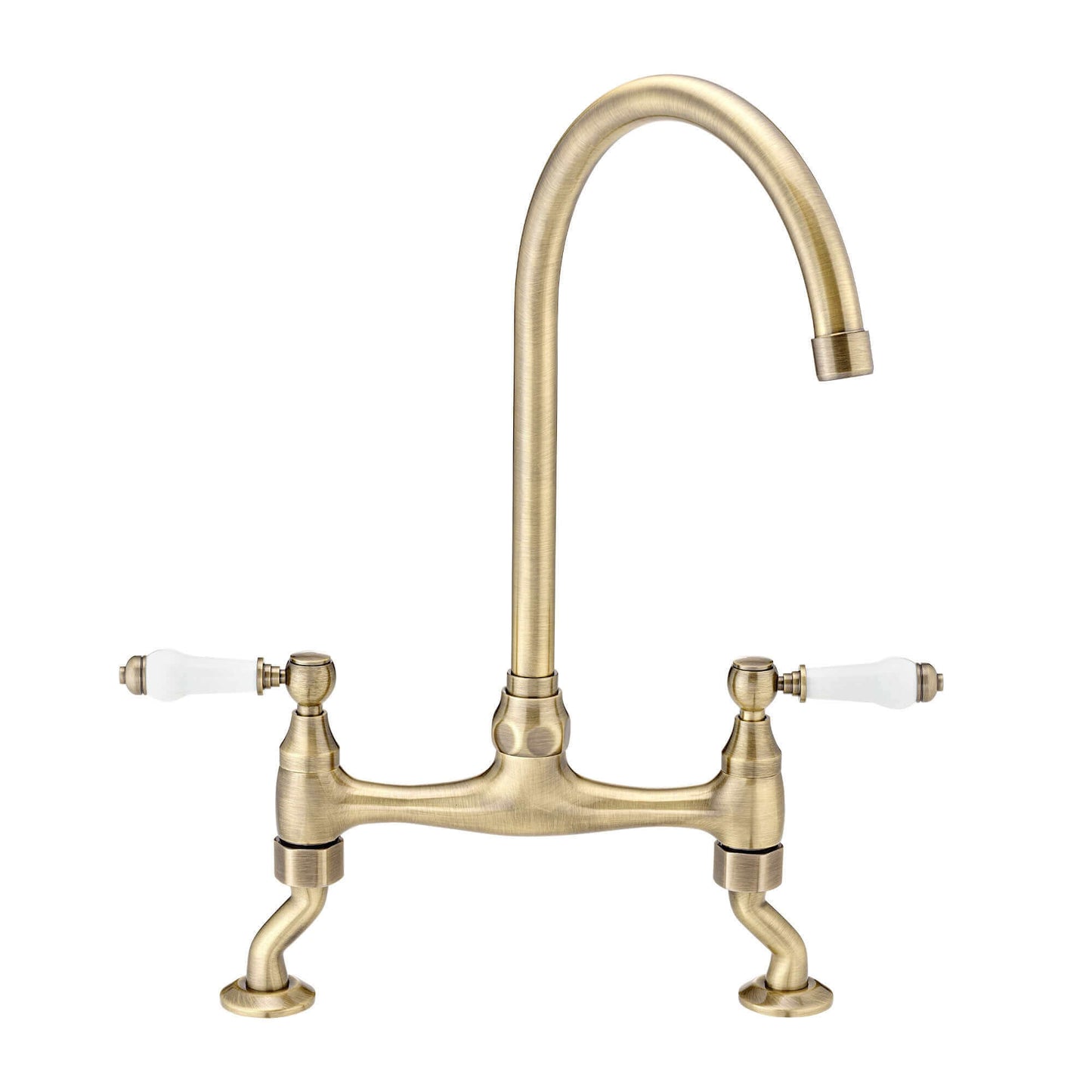 Buy Astbury traditional bridge kitchen mixer tap with white ceramic levers deck mounted - antique brass Online UK | HOUSE OF ENKI