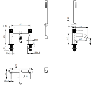 Alderley fluted bath shower mixer with shower kit - chrome dimensions diagram