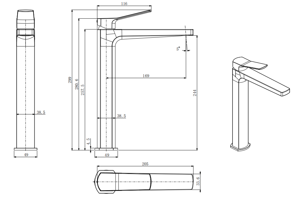 Fairford tall mono basin mixer - brushed gold dimensions diagram