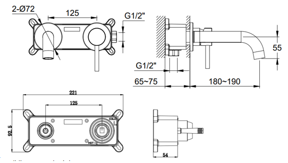 Girton wall mounted basin mixer with EZ box - matt black dimensions diagram