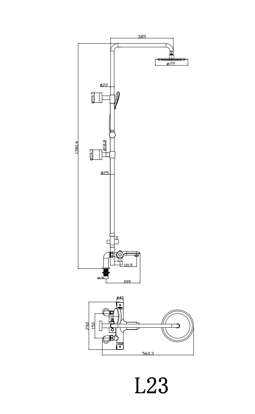 Ludlow deck mounted exposed thermostatic bath shower mixer system - chrome dimensions diagram