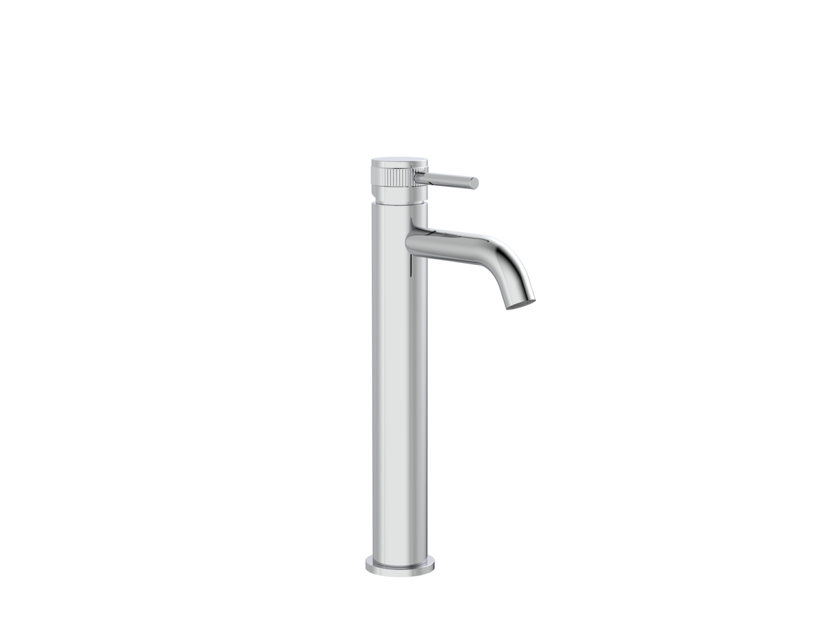 A modern single-handle bathroom faucet with a polished chrome finish, shown from a side profile view against a plain white background.