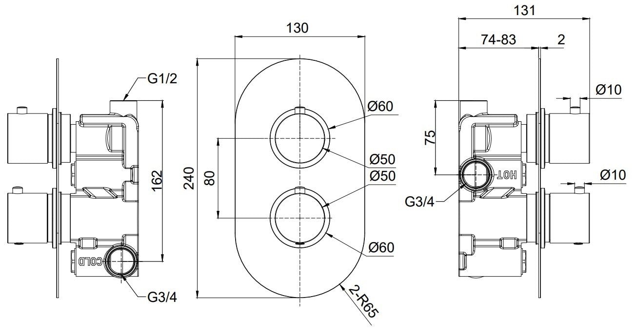 Brancaster Single outlet concealed thermostatic - Chrome dimensions diagram