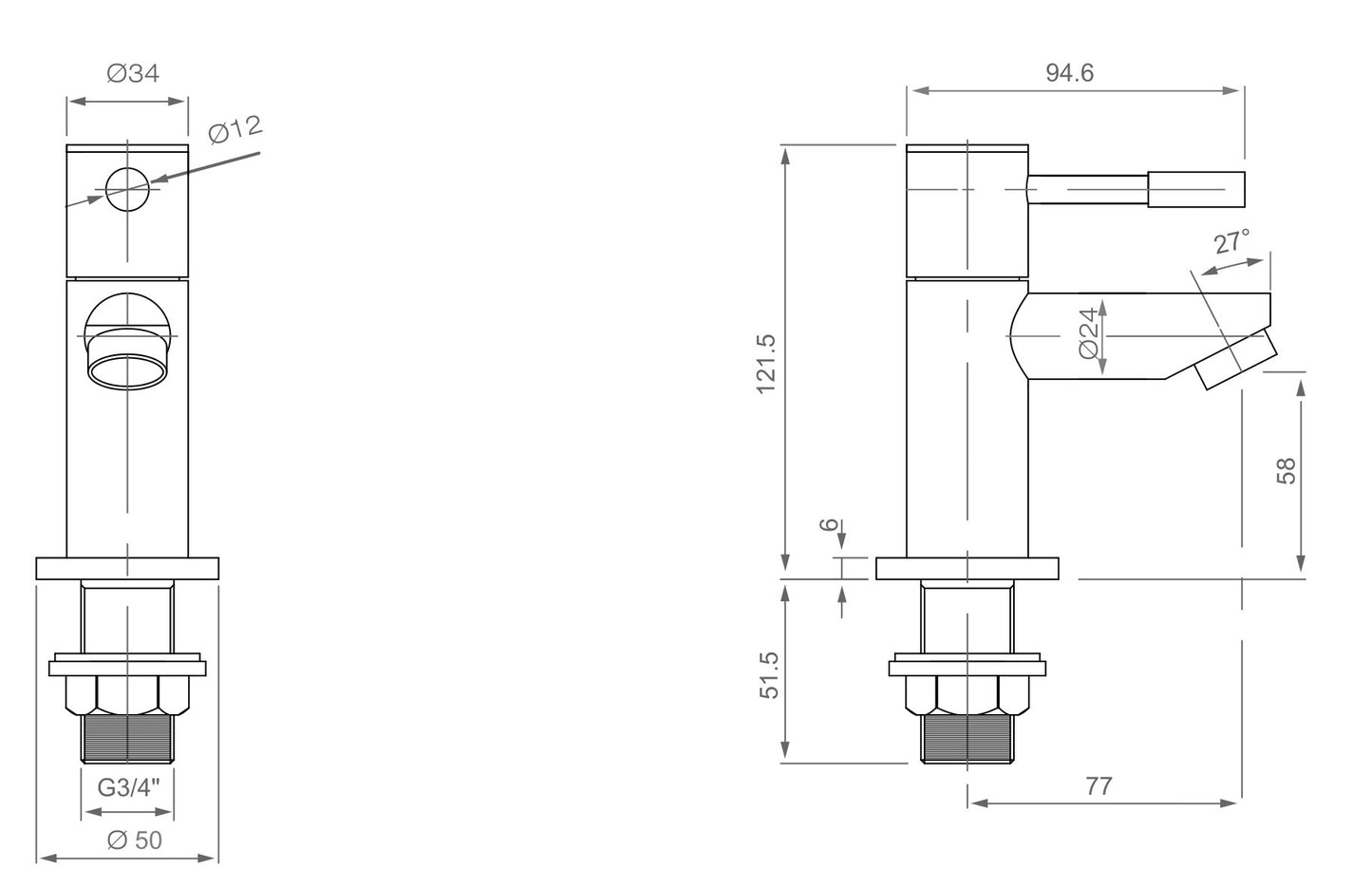 Fenwick Bath Taps - Chrome dimensions diagram