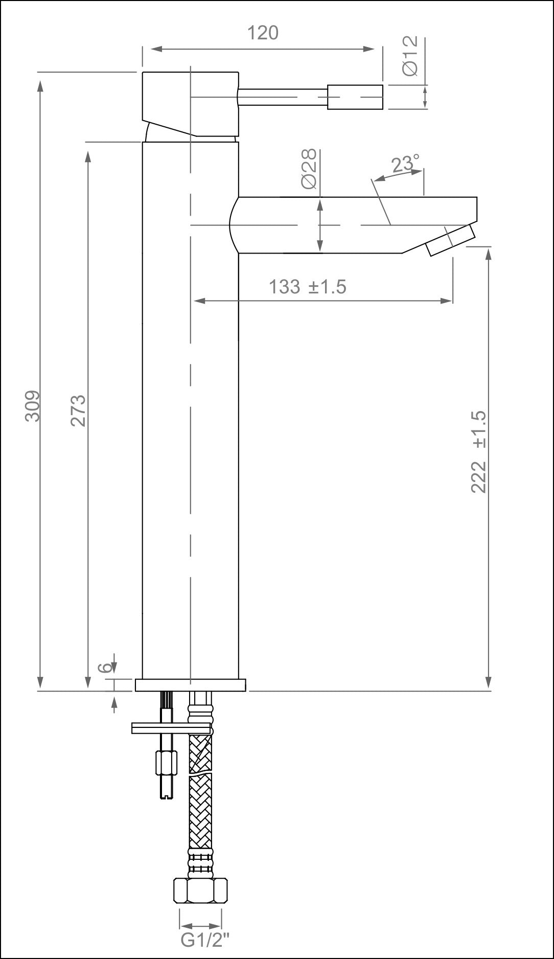 Fenwick Tall Mono Basin Mixer - Chrome dimensions diagram