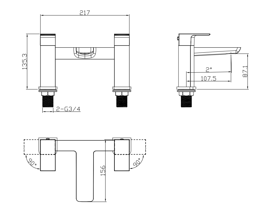 Harwich Deck Mounted Bath Filler - Matt Black dimensions diagram