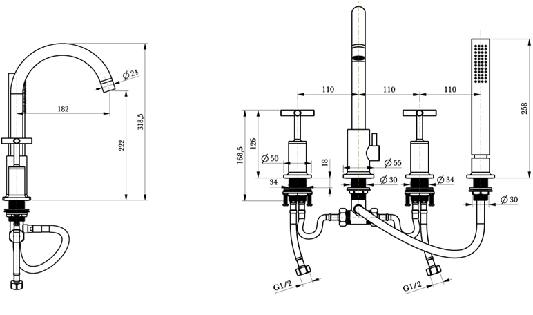 Ibstock Deck mounted 4 hole bath shower - Chrome dimensions diagram
