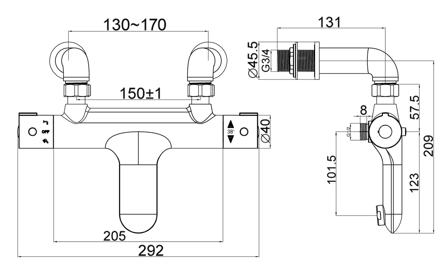 Lambourn Deck Mounted Thermostatic Bath Shower - Chrome dimensions diagram