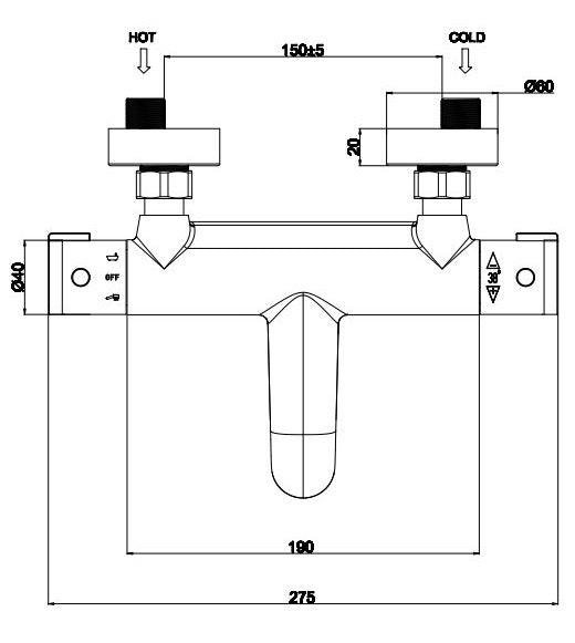 Malton Deck Mounted Thermostatic Bath Shower - Chrome dimensions diagram
