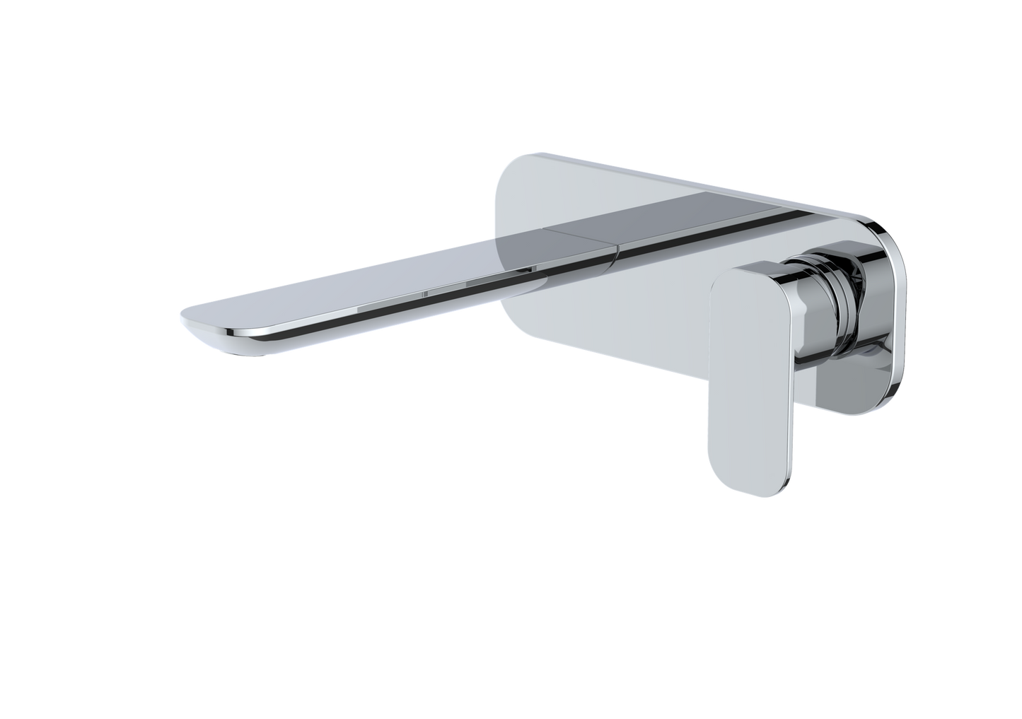 A modern wall-mounted bathroom faucet with a polished chrome finish, featuring a flat spout and a single lever handle on a plain white background.
