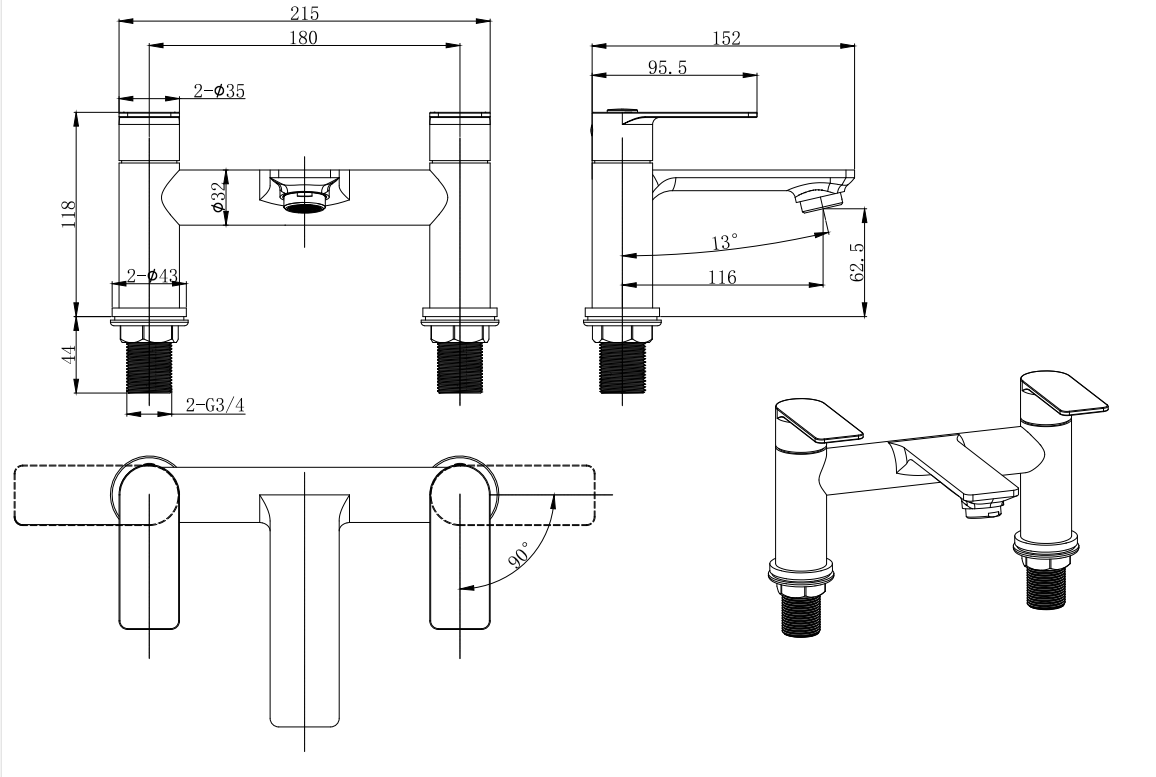 Ribston Deck mounted Bath Filler - Matt Black dimensions diagram