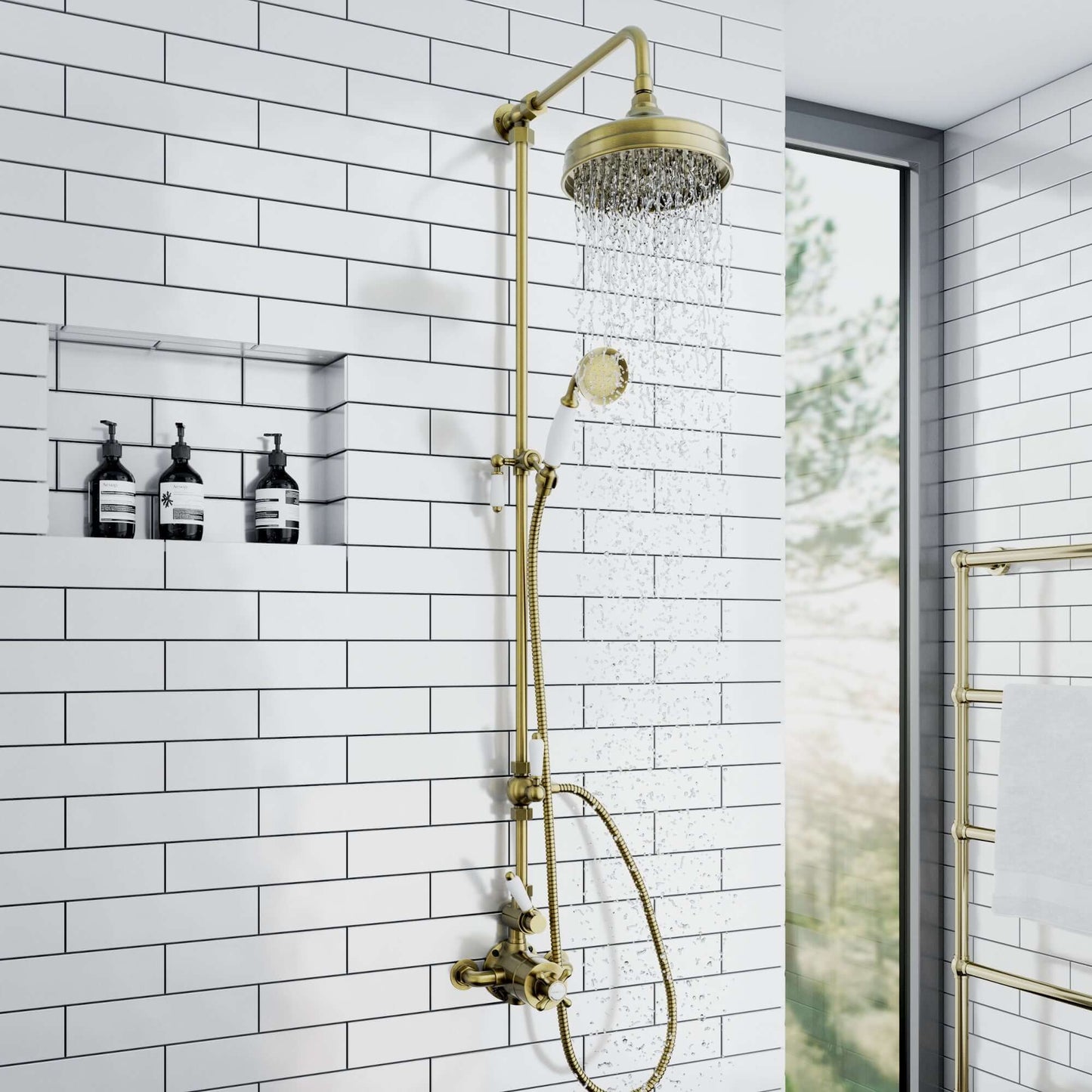 Buy Downton Exposed Traditional Thermostatic Shower Set 2 Outlet Incl. Twin Shower Valve With Diverter, Rigid Riser Rail, 200mm Shower Head & Ceramic Handset - Antique Brass Online UK | HOUSE OF ENKI